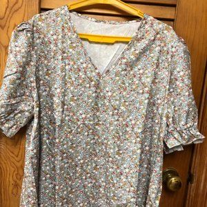 Floral Print V Neck Blouse, Casual Lantern Sleeves XXL